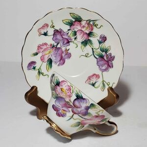 Pink and Purple Flowers Teacup and Saucer Vintage